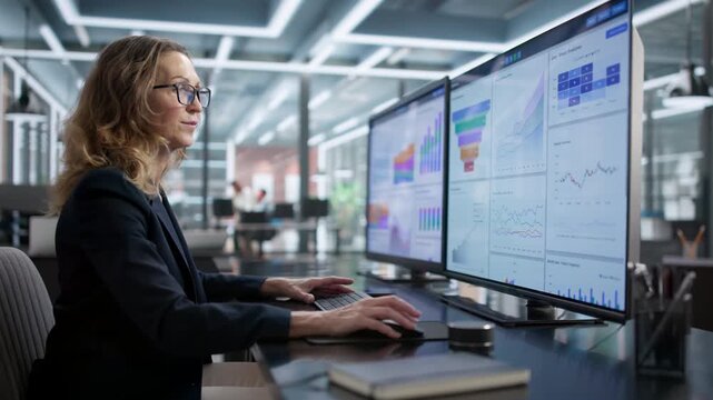 Corporate Woman Analyzing Data On Multiple Computer Screens