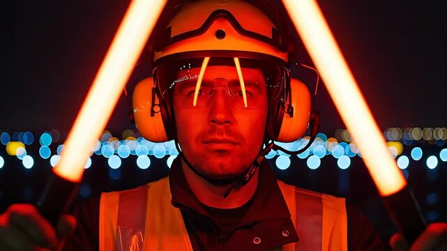 Airport Ground Crew Member Directing Aircraft at Night Holding Illuminated Red Signaling Wands Formation X