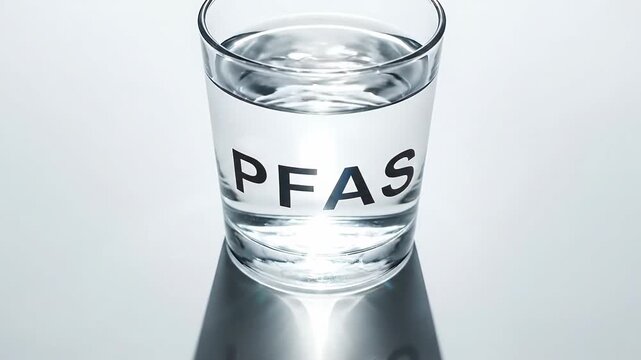 Clear Glass of Water Labeled PFAS on White Reflective Surface with Dramatic Shadow and Bright Light Source Occurring in Studio Lighting
