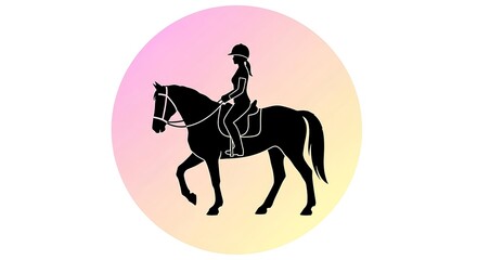 A woman rides a horse in a circular frame with a colorful background