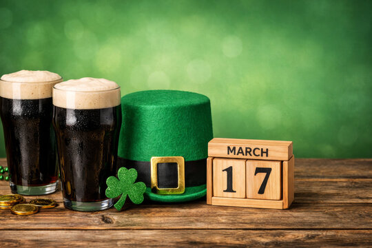 March 17 calendar date for St. Patrick's Day festivity with Irish beer, lucky shamrock and coins.