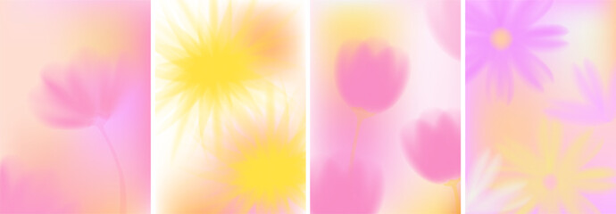 Naklejka na ściany i meble Blurred spring, summer flowers set. Macro flowers. White, pink, yellow soft colors. Blurry landscape with plants. Design for card, invitation, cover, post. Place for text.