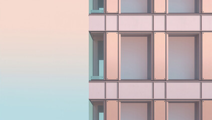 淡いグラデ背景に映るガラス外観のミニマル建築素材