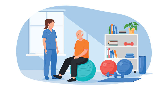 Senior Man Performing Physical Therapy Exercise with Stability Ball and Female Therapist in Rehabilitation Clinic Vector Illustration