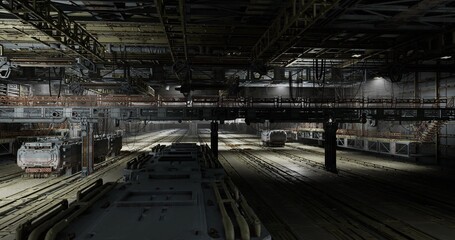 Fototapeta premium floodlit recovery bay in transit depot with emergency lighting, staged carriages, power cables and recovery equipment tense utilitarian scene with wet