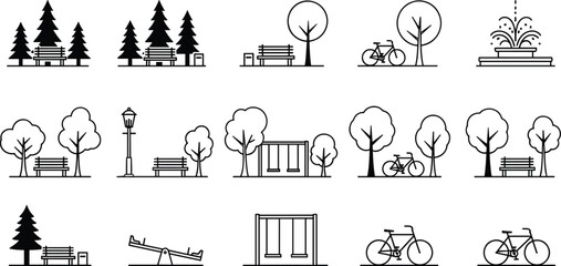 City park outline icons vector set with trees benches bicycles fountain and playground line art collection © Rubya