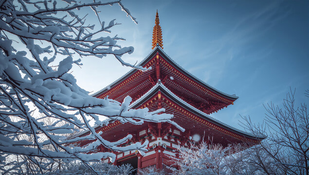 望遠で切り取る雪の枝越しの朱色の塔と冬の澄んだ青空