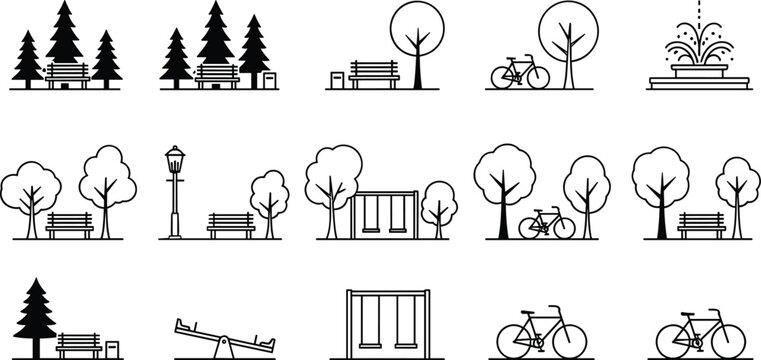 City park outline icons vector set with trees benches bicycles fountain and playground line art collection