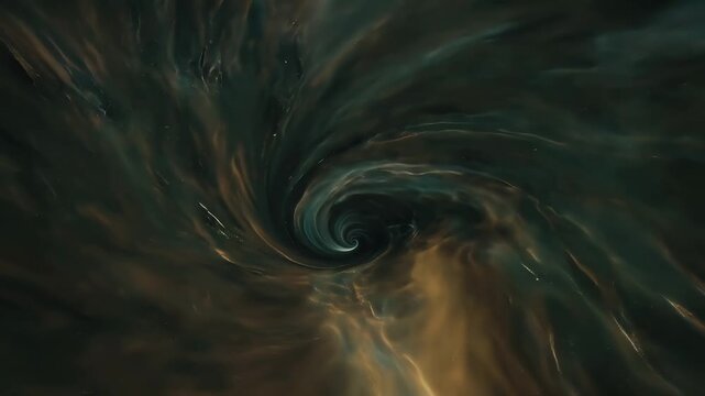 Cinematic cosmic wormhole tunnel, swirling dark nebula vortex in deep space, abstract galactic portal with golden and teal gas clouds