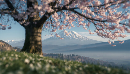 低い視点で捉えた雪山と一本桜の奥行きある春風景