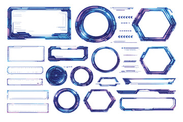 Futuristic holographic interface frame set with digital UI elements, sci-fi HUD, and tech overlays