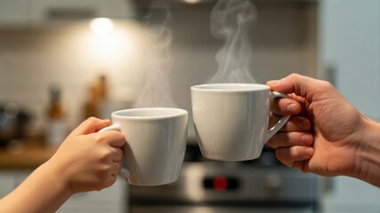 Clinking hot coffee mugs in kitchen close up