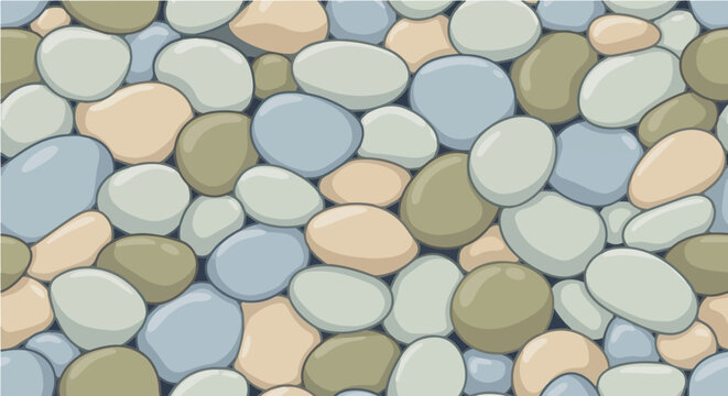 Cartoon seamless green blue beige pebbles stones pattern for natural ground texture background