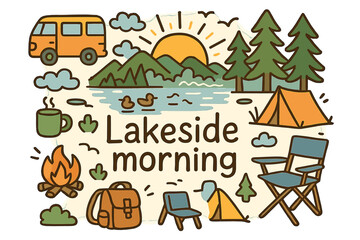Fototapeta premium Lakeside Doodle Scene. Lakeside morning. Hand-drawn doodle illustration of lakeside morning. Camper van,
