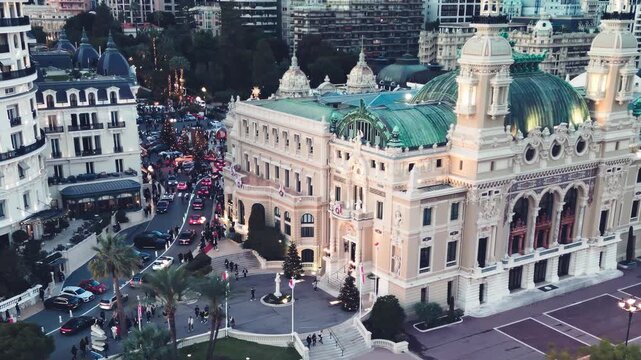 Scenic aerial perspective of Monaco coastline glowing at dusk in luxury setting