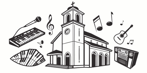 A vibrant church with musical instruments and food items surrounding it. Vector © MST CHIN BANU BEGUM