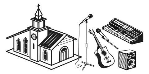 A church with a steeple, microphone, and keyboard in a worship setting. Vector © MST CHIN BANU BEGUM
