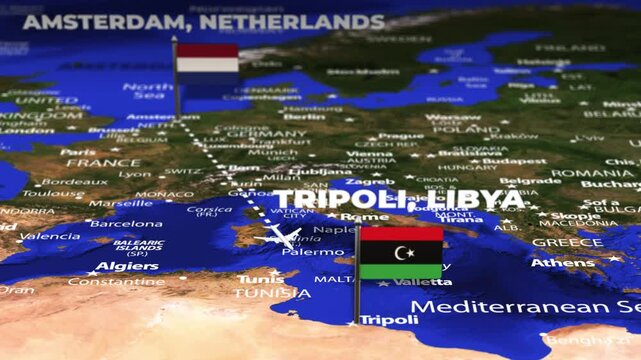 Flight From Amsterdam NETHERLANDS to Tripoli LIBYA with flag pins