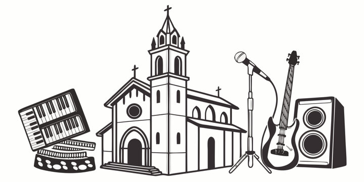 A detailed illustration of a historic building with construction tools and materials nearby. Vector