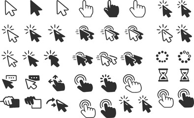 Mouse click cursor icon set featuring pointer arrows and clicking gesture symbols