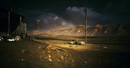 Empty dirt road toward distant mesas. Long perspective with tire tracks, scattered stones and brooding sky composition invites themes of journey, isolation © icetray