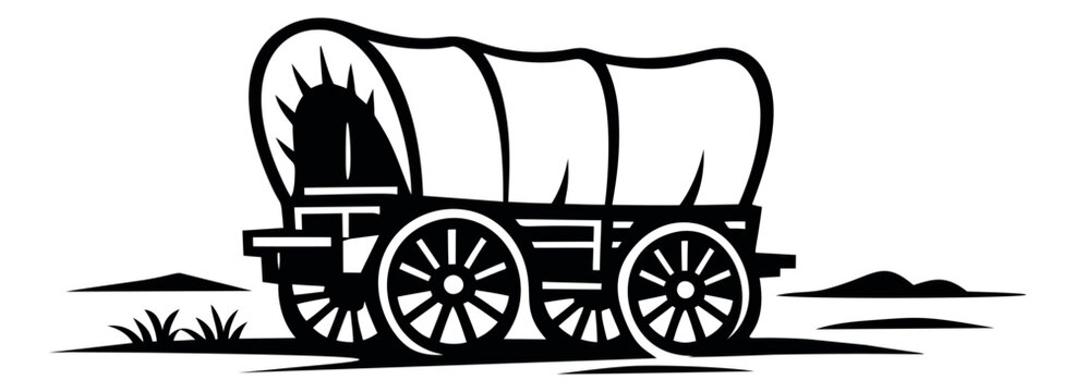 Graphic illustration of a covered wagon depicting pioneer travel for American history themes