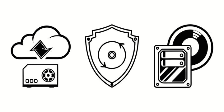 Icons representing cloud storage, security, and file compression technologies Vector