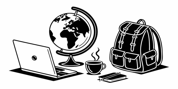 A backpack, globe, and laptop setup on a desk with a cup of coffee. Vector
