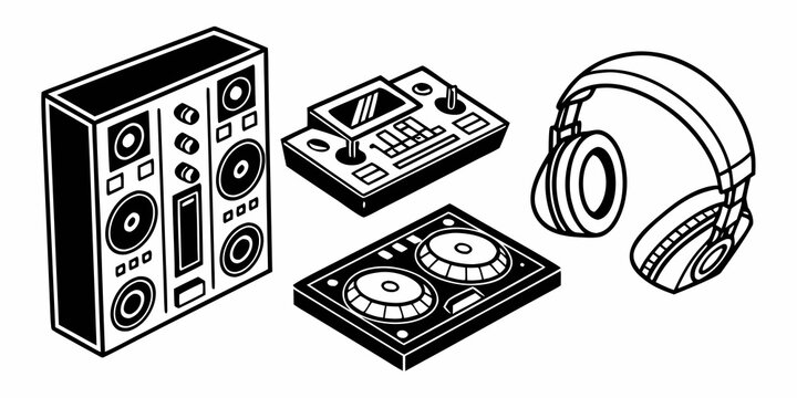 A variety of vintage audio equipment including speakers, turntables, and headphones Vector