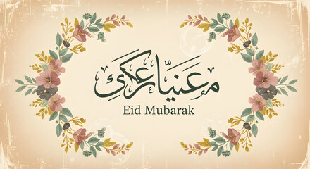 Classic Eid Mubarak Greeting Card: Elegant Arabic Script Center with Floral Beaded Border in Beige Toned Card