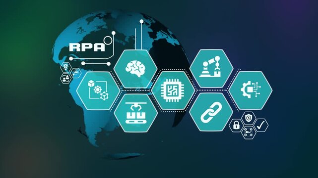Robotic Process Automation (RPA) concept with icons for business software robots and automated workflow efficiency.