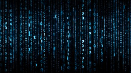 Digital rain of blue binary code cascades down a dark background.