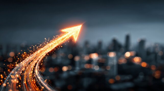 A luminous arrow hovering above a blurred cityscape symbolizes business transformation, decision intelligence, rapid progress, data‑driven guidance, and strategic change