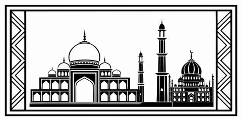 Intricate black and white illustration of a mosque with minarets and a dome Vector © MST CHIN BANU BEGUM