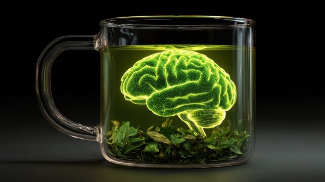 A transparent mug of herbal tea, its rising steam shaped like a radiant brain, denotes a diet promoting brain health and cognitive fuel