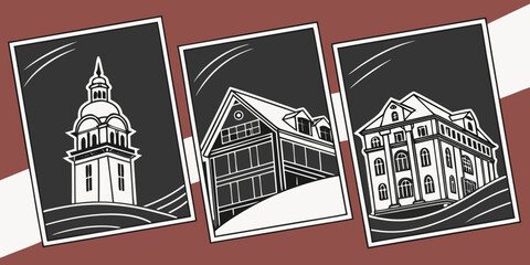 Naklejka premium A collage of architectural landmarks featuring a church, a bridge, and a building. Vector