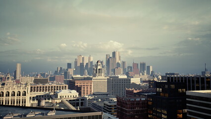 Obraz premium city skyline at sunrise casting golden light across rooftops, clear blue sky, busy streets in foreground, reflective glass towers, fresh atmosphere perfect