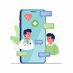 Flat vector illustration of a doctor consulting a patient through a smartphone screen