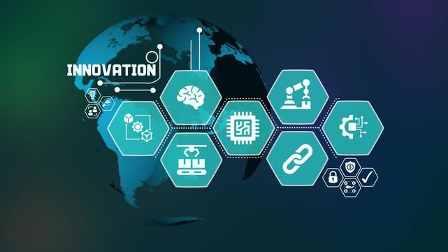 Creative digital innovation background with futuristic interface icons and global connectivity for advanced technology breakthroughs.