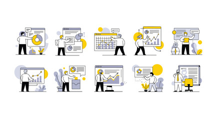 A set of flat vector illustrations depicting business professionals working with data and technology
