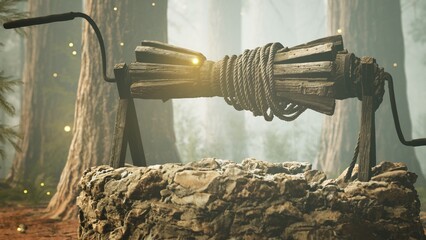 In a mystical forest, a well made of stones and wood stands quietly. Soft lights surround the area, creating an enchanting atmosphere filled with magic and wonder. © icetray