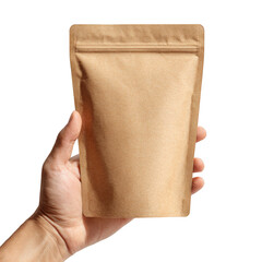 Brown kraft paper pouch with resealable top held by hand isolated on transparent background