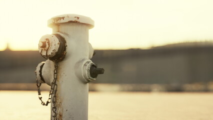 A rustic fire hydrant stands alone near the water at sunset. The warm, golden light highlights its weathered surface, creating a serene and peaceful atmosphere in the scene. © icetray