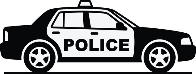 Black Police Car Silhouette Vector Illustration, Law Enforcement Sedan Side View, Emergency Patrol Vehicle, Public Safety Authority Graphic, Police Cruiser © Hello World