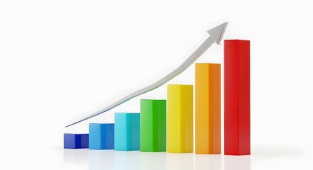 A colorful bar graph with an upward trend and a rising arrow