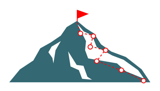 Mountain peak illustration with climbing path, checkpoints, and red flag symbolizing achievement, progress, challenge, goal tracking, and success journey, ideal for education, motivation, coaching