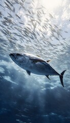 Fototapeta premium Graceful tuna swims through tranquil waters a vibrant display of underwater elegance and peaceful motion