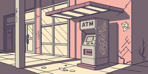 A vintage telephone booth stands alone in an empty, dimly lit room with a tiled floor. Vector © MST CHIN BANU BEGUM