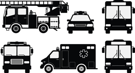 Emergency Vehicle Icon Set Featuring Fire Truck, Ambulance, Police Car, and Public Bus Silhouettes, Rescue Transport Vector Illustration, First Responder Graphics © Hello World