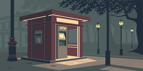 A vintage red telephone booth stands alone in a dimly lit alleyway, evoking a sense of nostalgia. Vector © MST CHIN BANU BEGUM